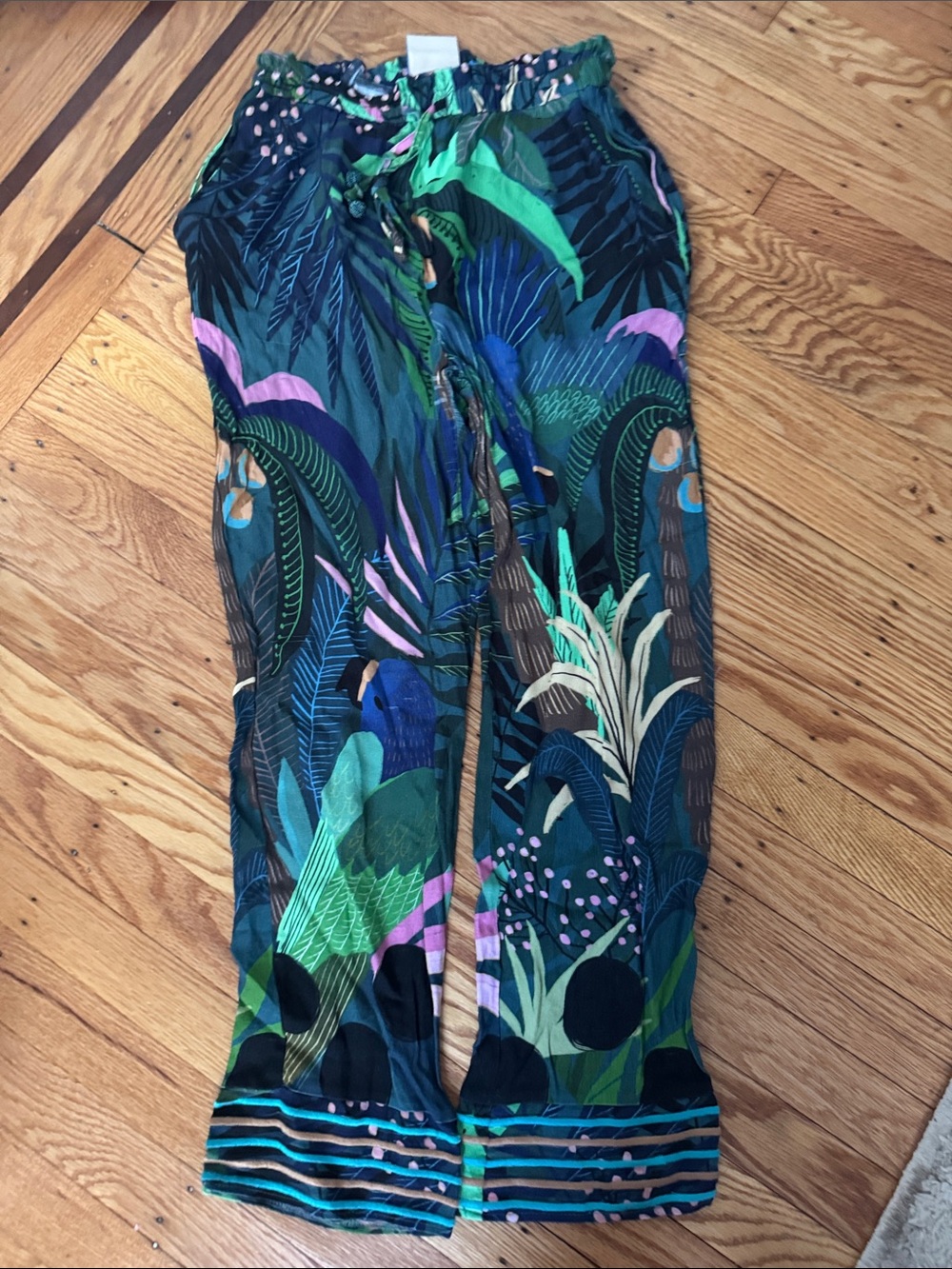 FARM Rio Tropical Parrot Straight-Leg Pants in Green, Blue, Pink